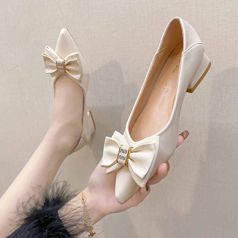 Women's Single Shoes Spring Andautumn New Medium Heel Pointed Bow Shallow High Heels Fashion Comfortable Square with Party Shoes