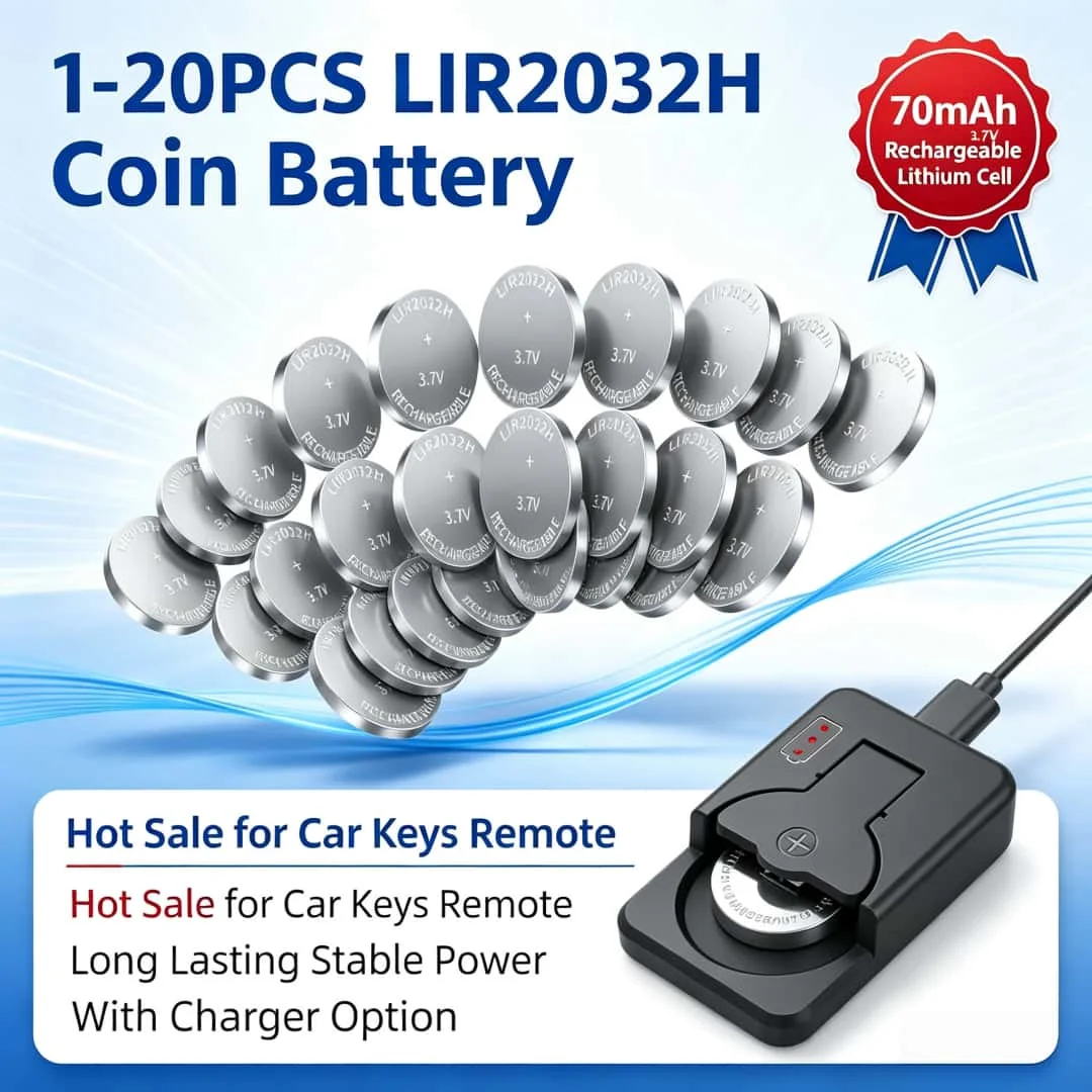 1-20 Stück 70mAh LIR2032H Knopfbatterie 2032 3,7V Wiederaufladbare Batterie Lithium-Zellen-Knopfbatterien für Autoschlüssel mit Ladegerät