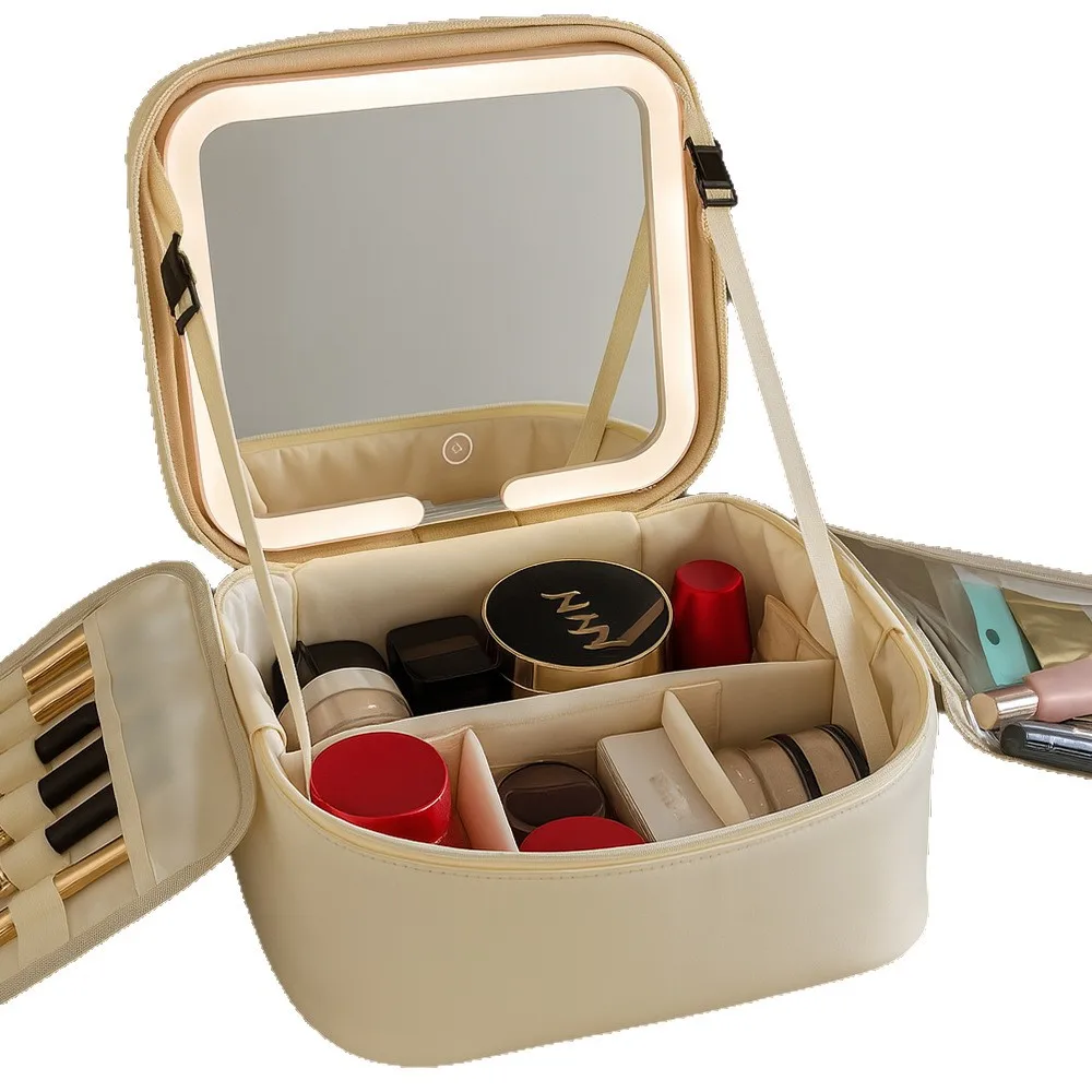 Makeup Bag With LED Mirror Large Capacity Travel Portable With Toilet Storage Bag and Mirror Women's Makeup Bag Organizer image 5