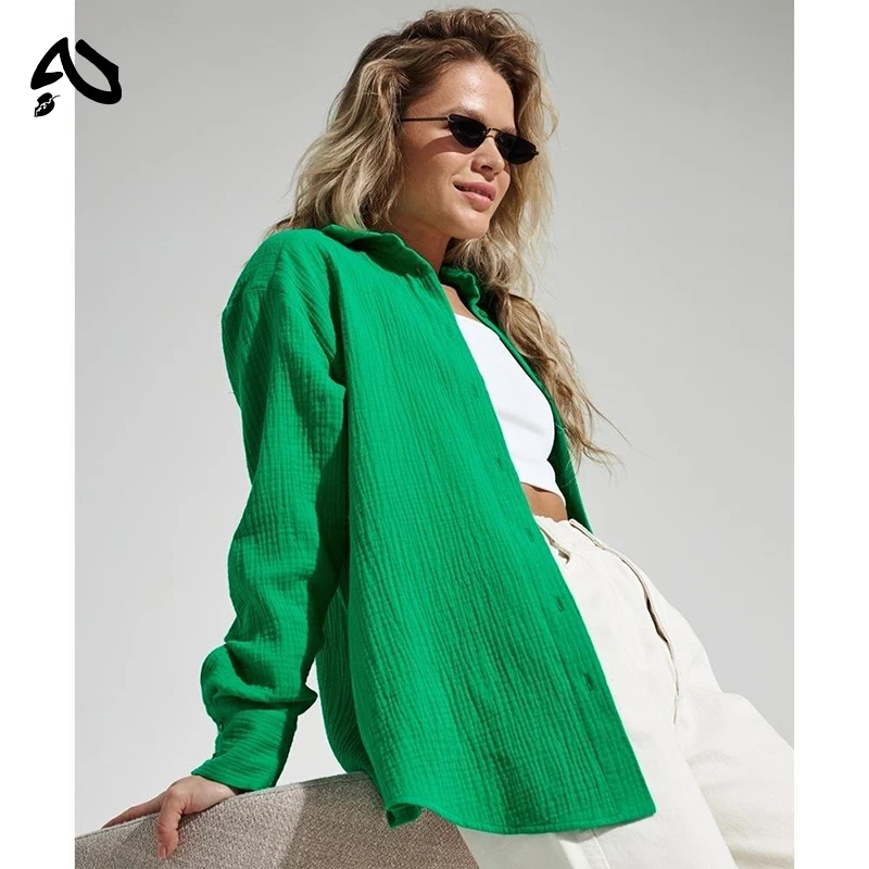 Original Muslin 100% Cotton Shirt Causal Soild Loose Womens Tops Button Long Sleeve Elegant Shirts And Blouses Festival Gifts