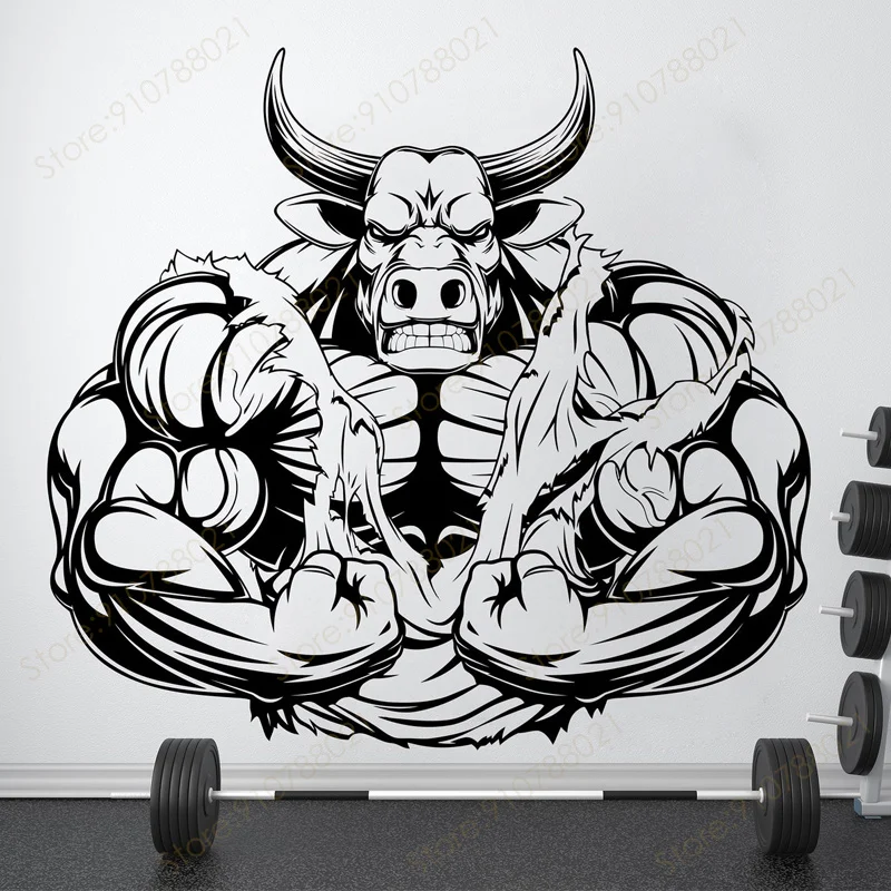 Gym Wall Sticker Bull Muscle Fitness Studio Sign Decals Vinyl Art Decor Home GYM Motivation Exercise Poster Modern Murals S576