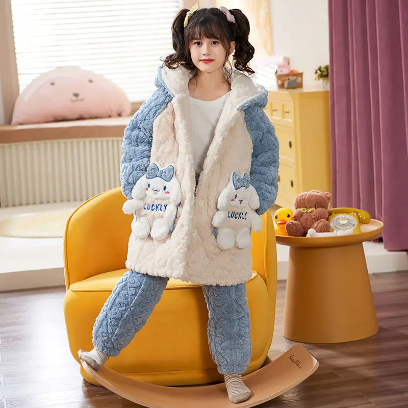 2 قطعة بيجامات الأطفال سانريو سينامورول جديد ثلاث طبقات القطن الشتاء سميكة الدافئة الفتيات الأميرة نمط الفانيلا ملابس المنزل