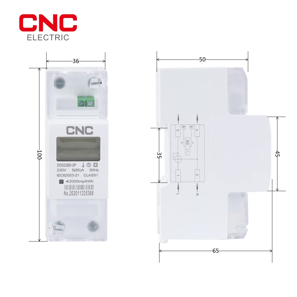 CNC DDS226D-2P LCD 65A 100A Single-phase Din-rail Energy Meter 220V 230V 50Hz 60Hz Active Energy Import Export kWh