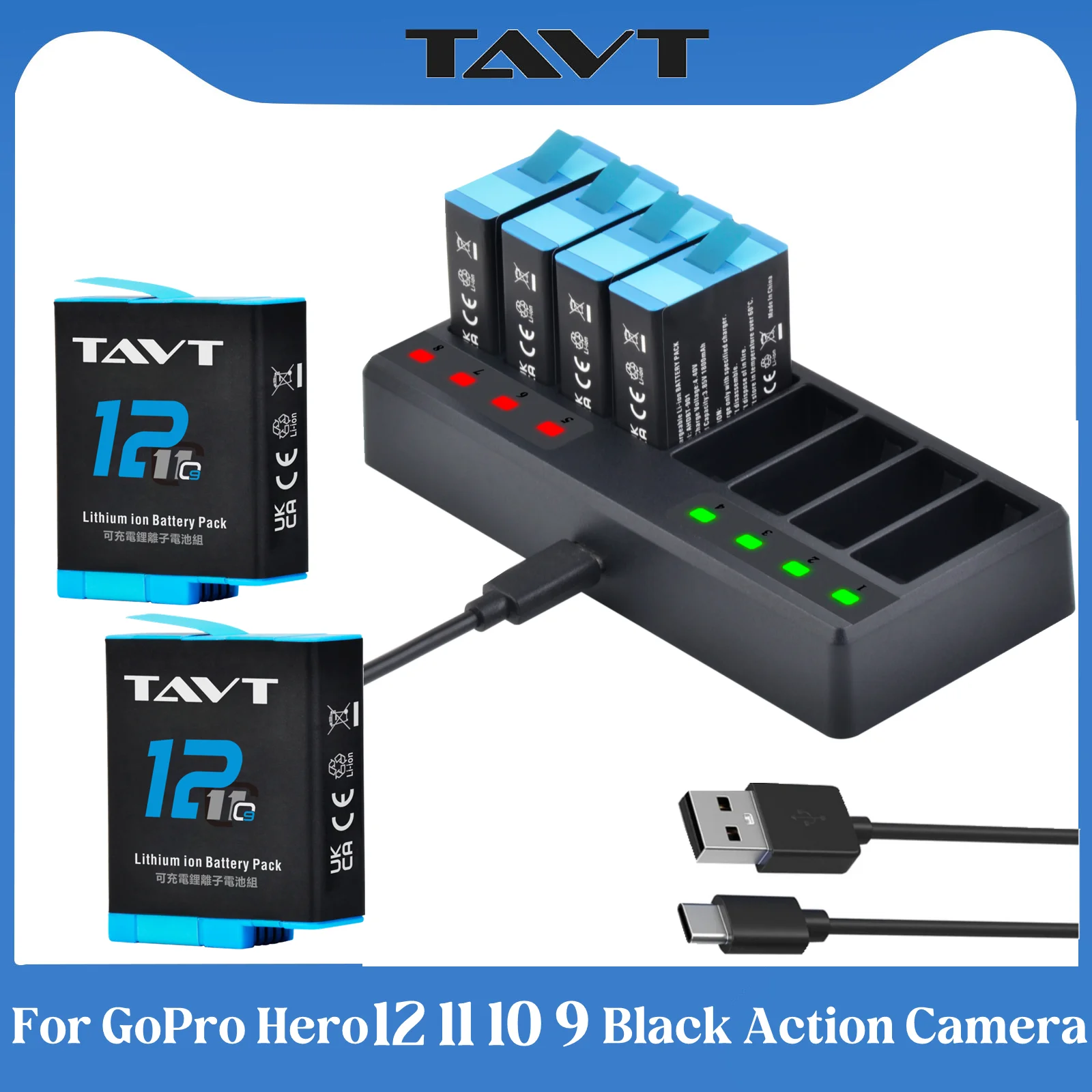 Batería de 1850 mAh para GoPro Hero 12 Black, Cargador Rápido de 8 Vías con Puerto Tipo C para GoPro Hero 9, Go Pro 10, Hero 11, 12, Cámara de Acción