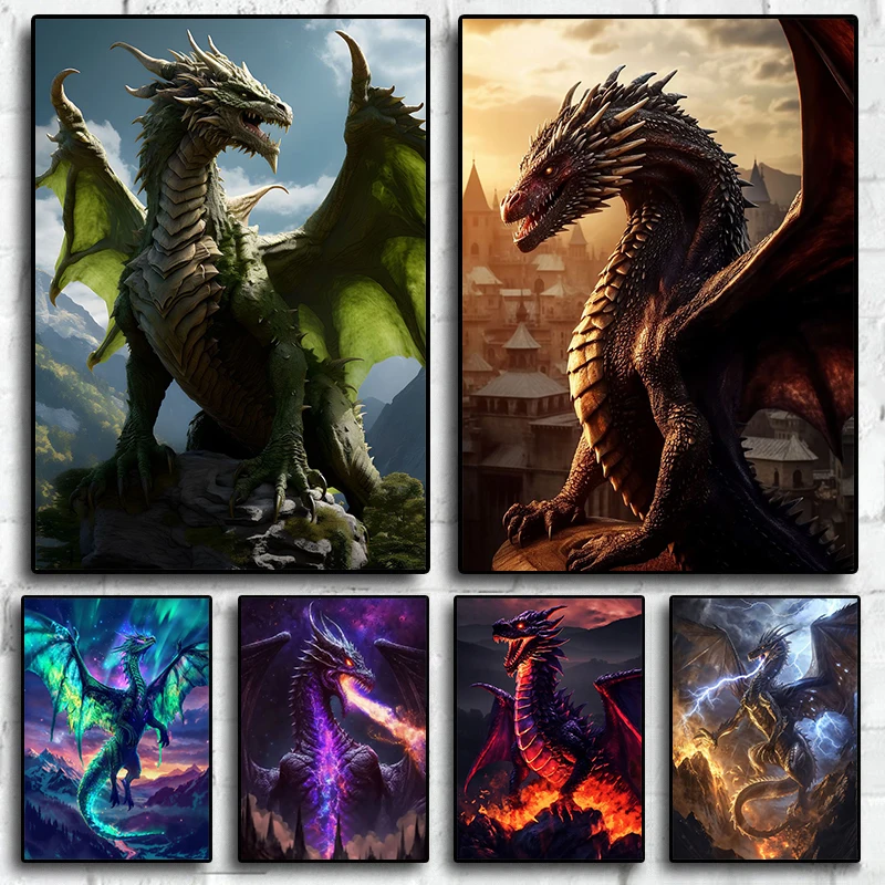 Pósteres e impresiones de animales míticos de dragón de fantasía, pintura en lienzo, Cuadros artísticos de pared para sala de estar, decoración del hogar, Cuadros