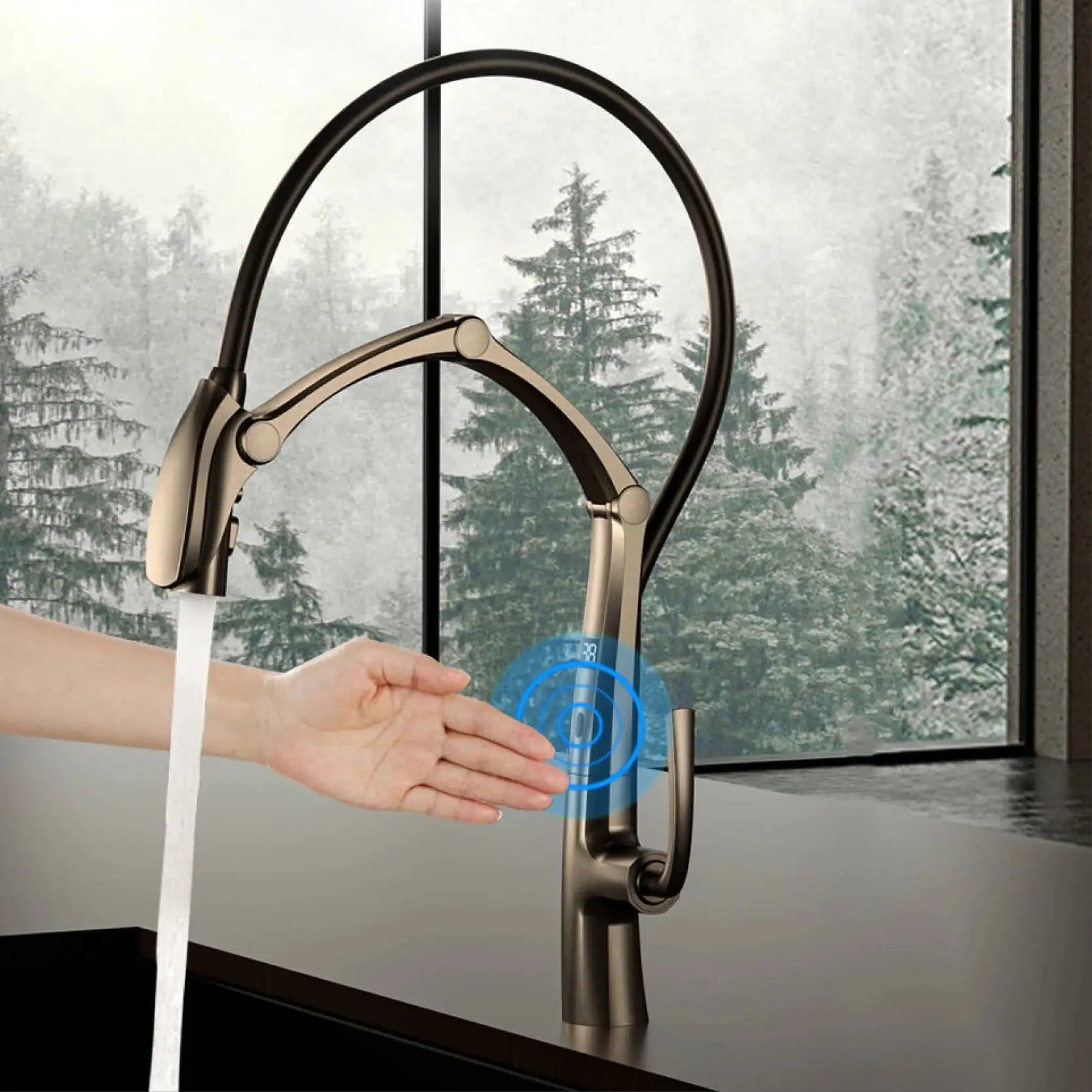 Pistola de latão luxuosa cinza torneira da cozinha display digital indução inteligente sucção magnética pull-out design torneira da pia fria e quente