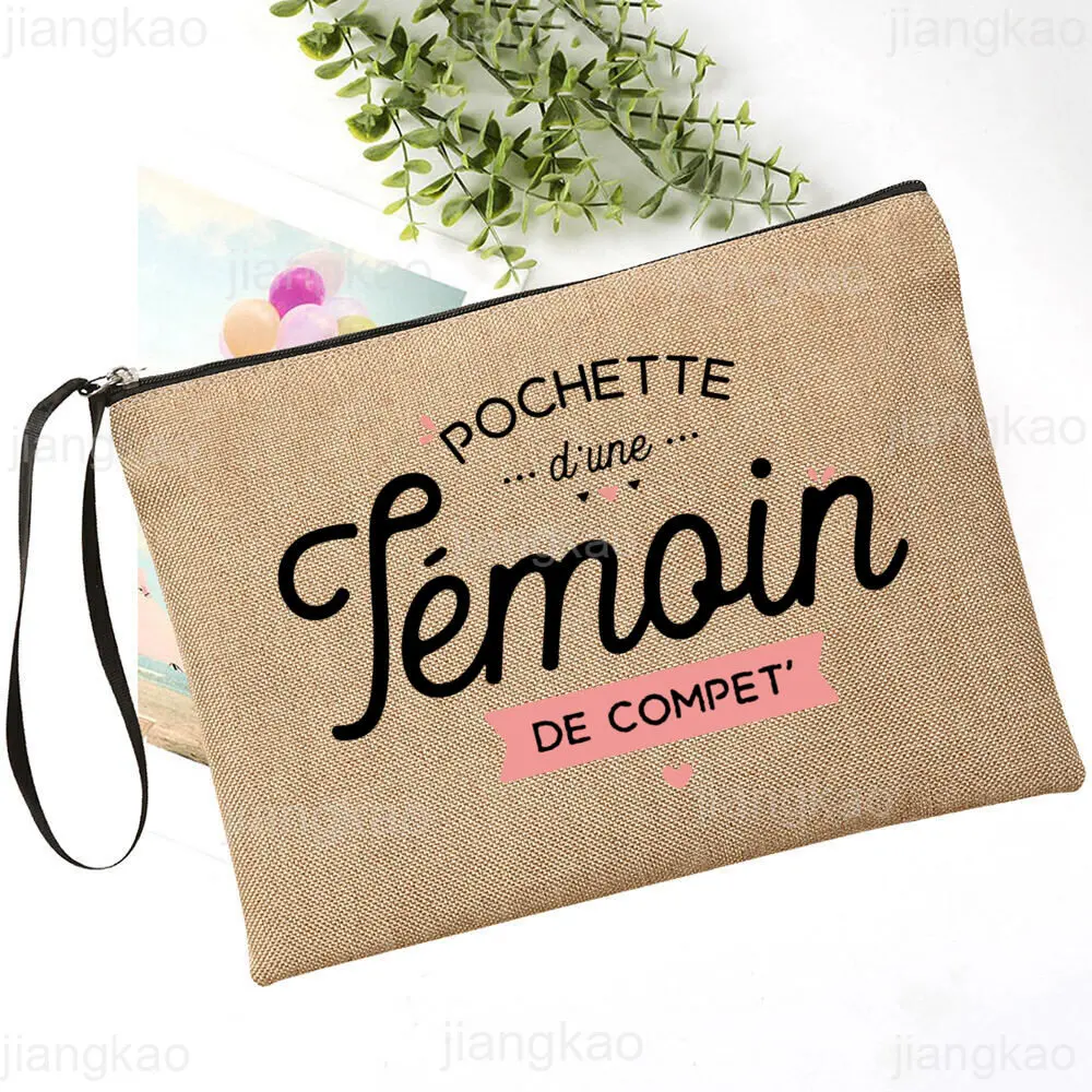 French Print Linen Zipper Bags Bridesmaid Cosmetic Case Wedding Witness Gift Female Neceser Toiletry Organizer Makeup Bag Beauty