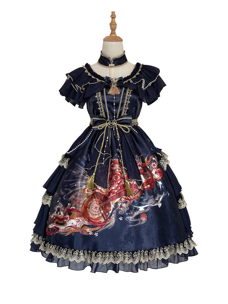 Robe Lolita OP à Manches Courtes pour Femme, PoinTenue en Dentelle, à Volants, Vintage, Style Chinois, Imprimé Pipa, pour ixd'Anniversaire, d'Été