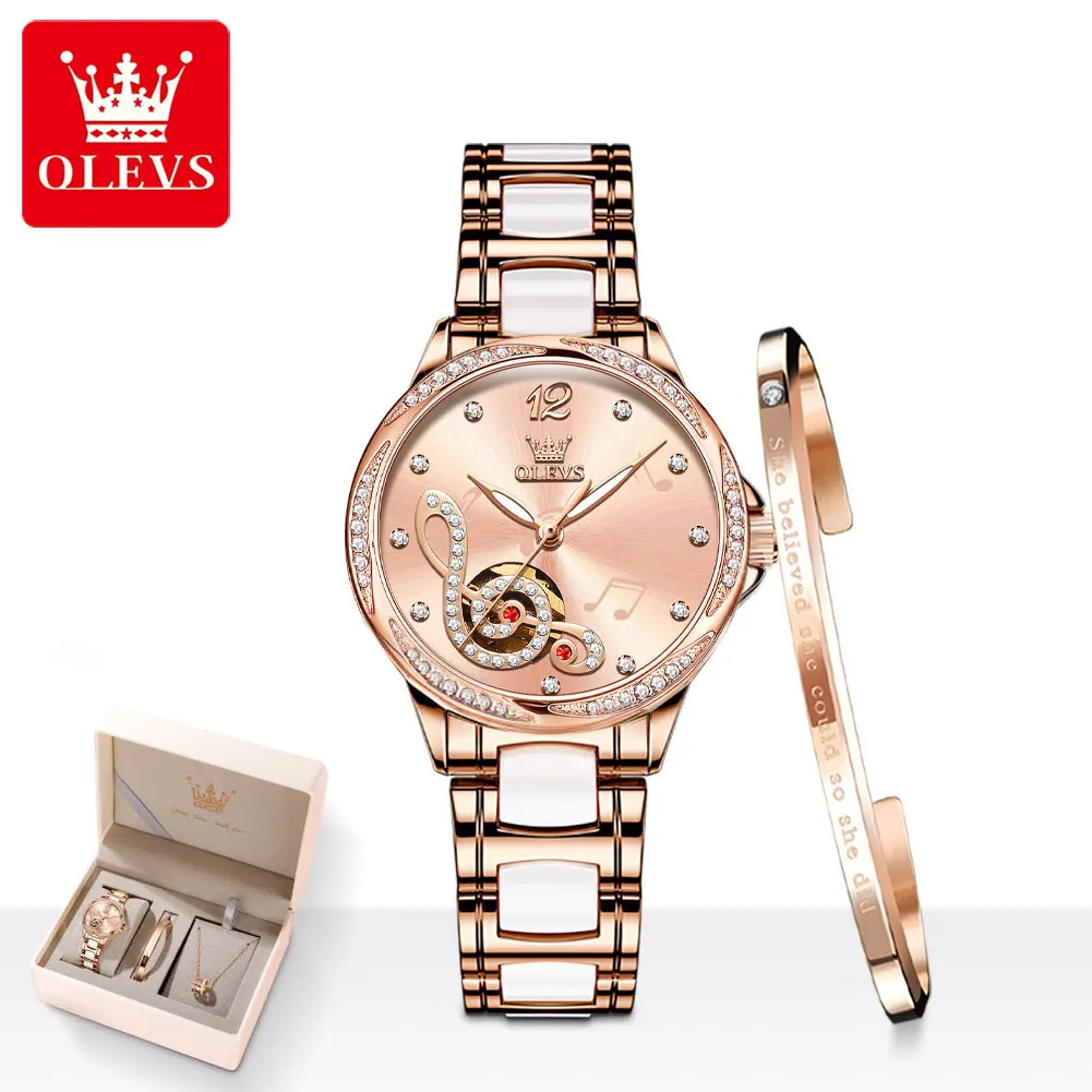 OLEVS 6656 Ladies Watches Top Brand Luxury Elegant Original Automatic Mechanical Watch Waterproof Ceramics Strap Watch Set Box