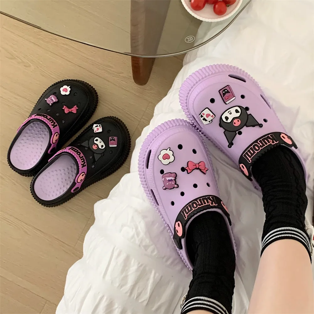 2024 Fashion Cute Hello Kitty EVA Hole Shoes Women Summer Outdoor Anti Slip Thick Bottom Beach Slippers Y2k Girls Charms Shoes