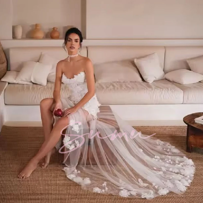 تخصيص مستقيم الاجتياح العنق بريق اللؤلؤ فستان الزفاف بلا أكمام الوهم زين فستان زفاف TrainAbito da s