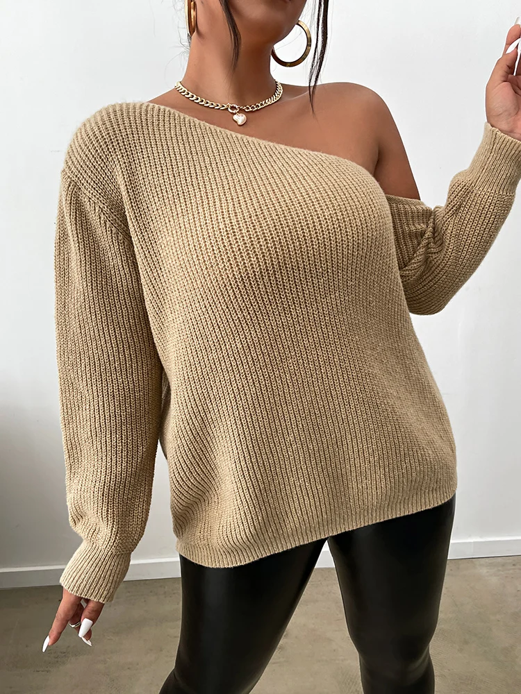 ONELINK Light Brown Asymmetric One Shoulder Sexy Plus Size Wool Women\'s Sweater Pullover Flat Knitting Long Sleeves Loose Tops