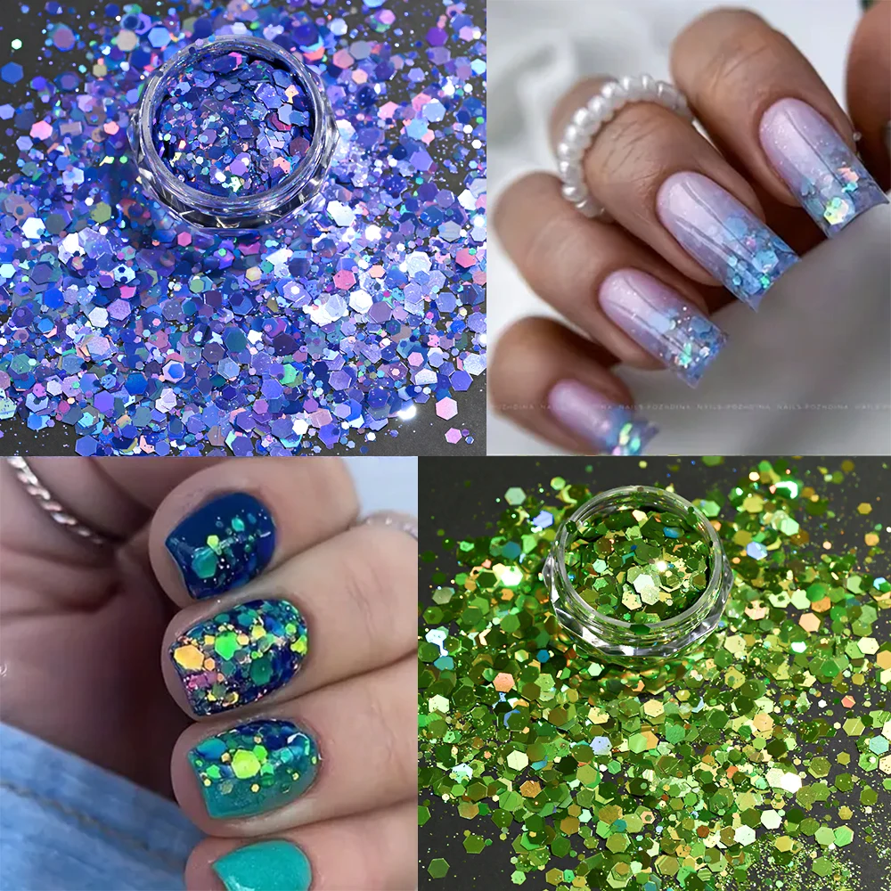 24 สี/ชุด Sparkly หกเหลี่ยม Chunky Nail Art Flakes Chameleon สีรุ้ง DIY Chrome Powder แปดเหลี่ยมรูปร่างเล็บ Decors *