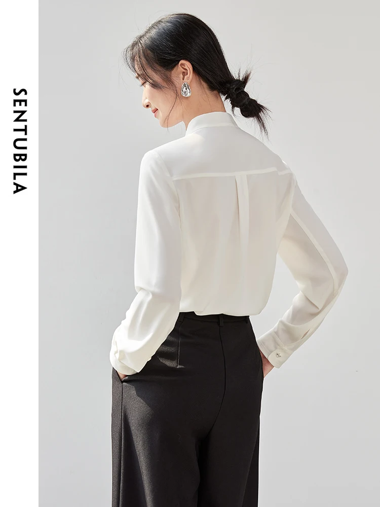 SENTUBILA Women Lace Up V Neck Shirt  2024 Spring Autumn Casual Loose Silver Button Long Sleeve Simple White Blouse 143C56815