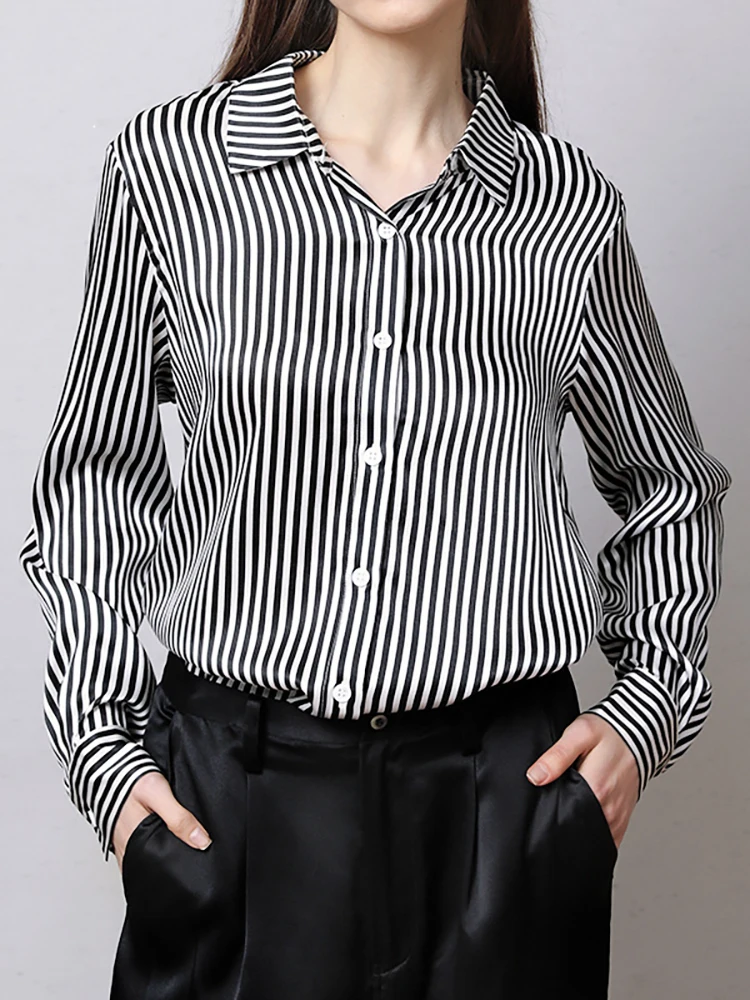 

Stripe 100% Silk Shirts & Blouses Long Sleeve Woman Tops Women'S Clothes Green Black Pink Office Button Mulbery Silk Blouse