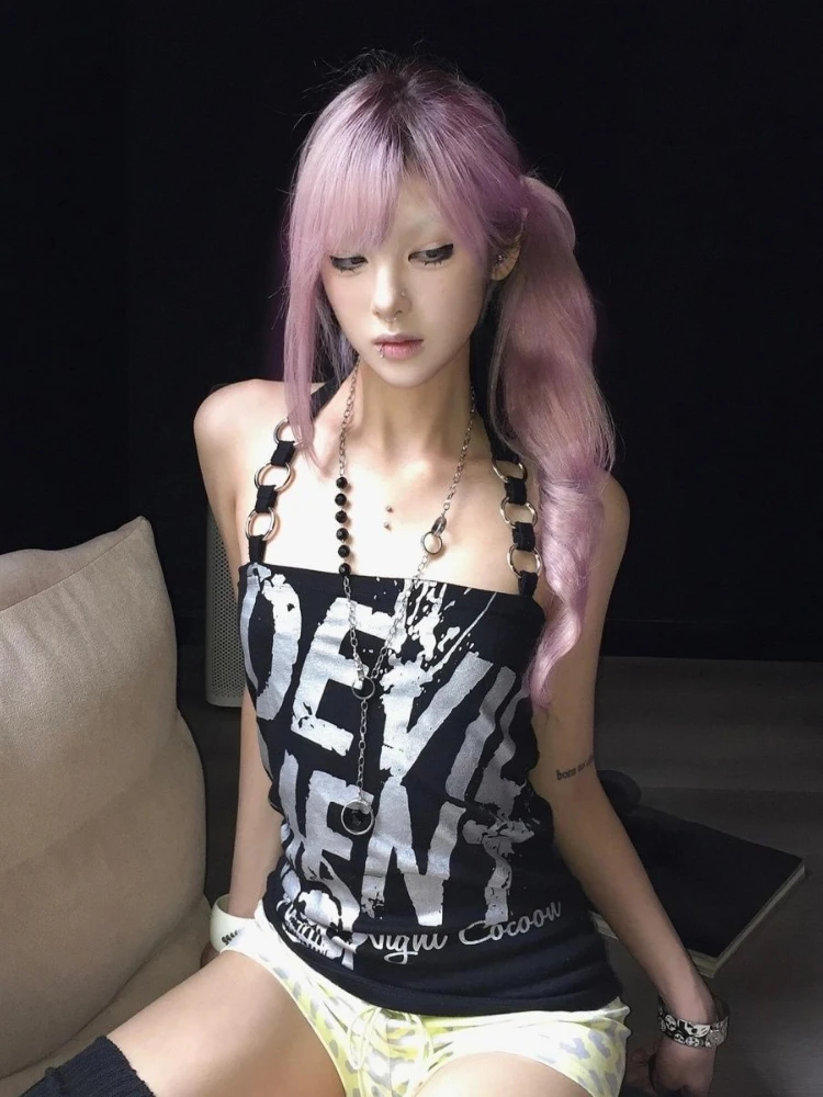 قطع علوية مثيرة للسيدات ملابس الشارع الشهير Y2k جمالية بدون أكمام رسن عتيق بدون ظهر تي شيرت قصير غير رسمي صيفي