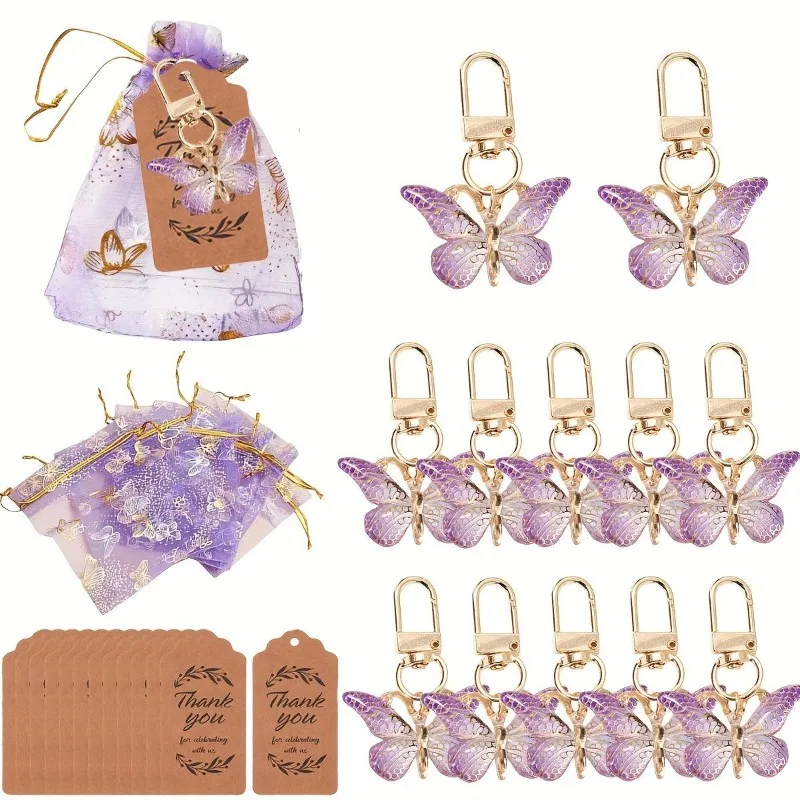 Juego de regalo con llaves de mariposa, 12 Uds., juguetes acrílicos con llaves moradas, tarjetas marrones y 12 Uds. De bolsas con cordón de Organza, bonitos recuerdos de fiesta para chico y niña