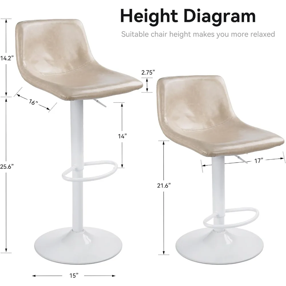 Набор из 2 барных стульев, современный регулируемый поворотный барный стул из искусственной кожи, барные стулья по высоте для домашнего кухонного острова, бежевый