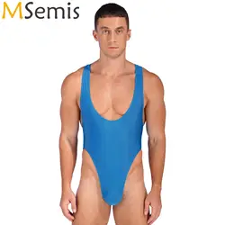 Swimwear Mens Lingerie One Piece Bodysuit Solid Color High Cut Gymnastics Leotard Costume Sleeveless Deep U Neck Swimsuit