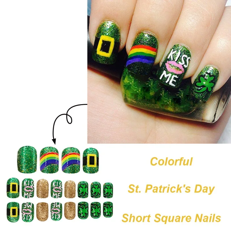 24 Pcs Rainbow Clover Lipstick False Nails with Full Set Tools Green Glitter Sparkle Nail Tips Short Nails Press Ons with Tools