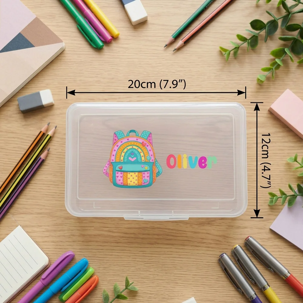 Personalized Pencil Case, Custom Name Clear Plastic Rainbow School Stationery Box,