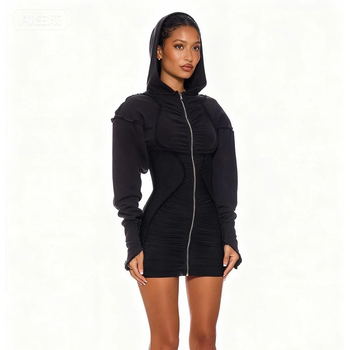 Robe sweat-shirt à capuche et fermeture éclair pour femmes, avec Design froncé et Mini robe moulante à manches longues, Sexy et décontractée, Streetwear
