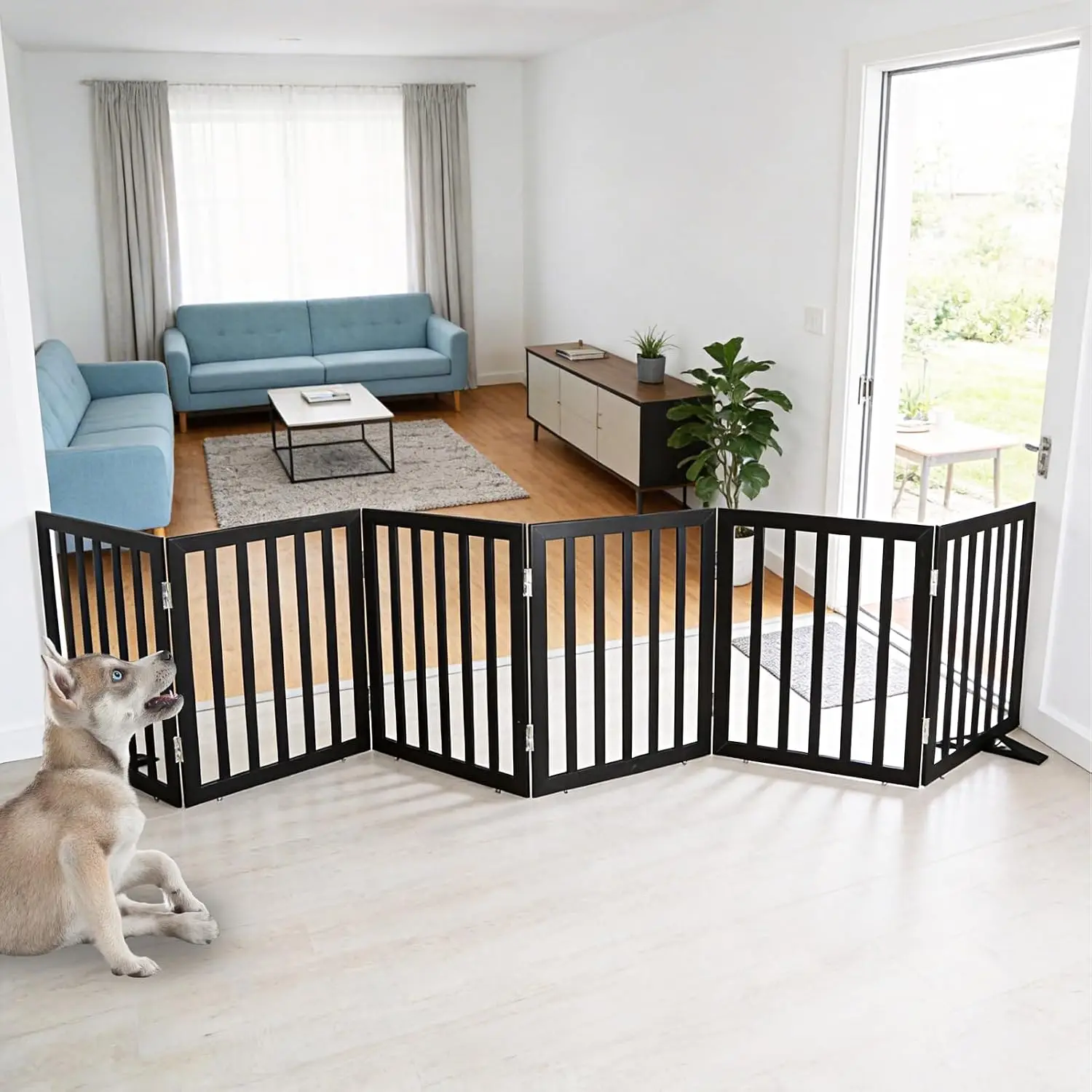 Freestanding Indoor Dog Gate for House Foldable Wood Puppy Gate for Doorways Pet Gate for Stairs Extra Wide Pet Fence, Black, 24