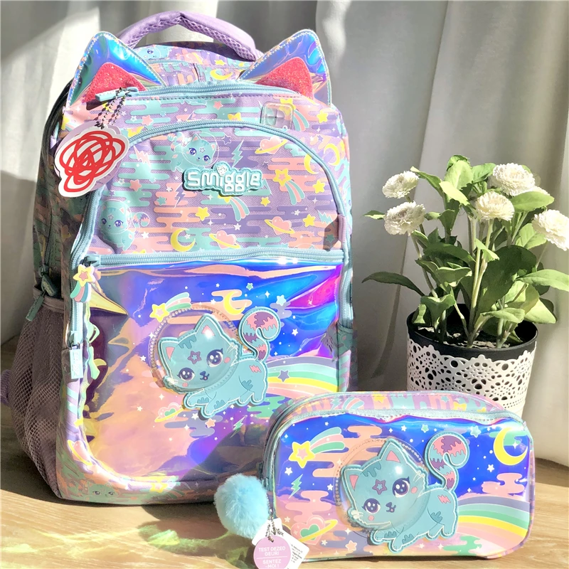 Genuine Australia Smiggle Children's Shoulder Lightweight Backpack Laser Space Cat Cartoon Student Large Backpack Durable