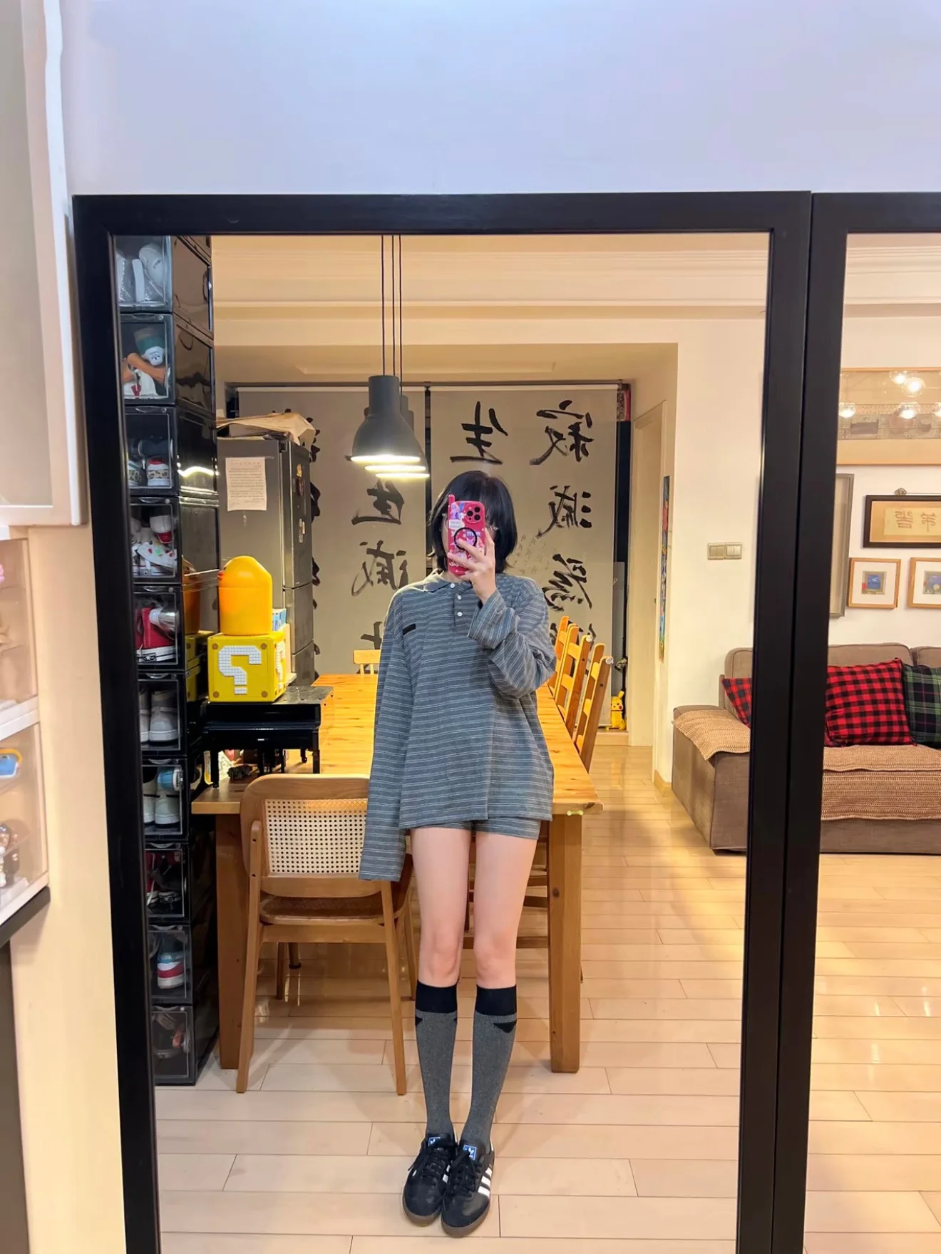 

American Retro Striped Collar irt Long Sve Casual Lettering Loose Fit Men's T-irt Breathable Polyester Fiber