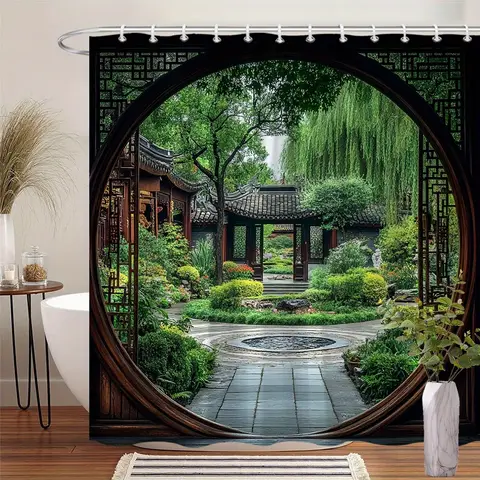 Shower Curtain Discover Tranquility with this Waterproof Shower Curtain Featuring a Traditional Chinese Garden for Peaceful Moments