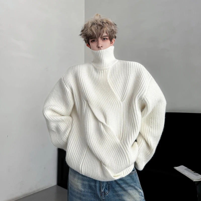 

Winter Thiened High Collar Men's Knitted Sweater Pure Color Loose Fit Casual Sle Cotton Blend Woollike Fabric Warmth