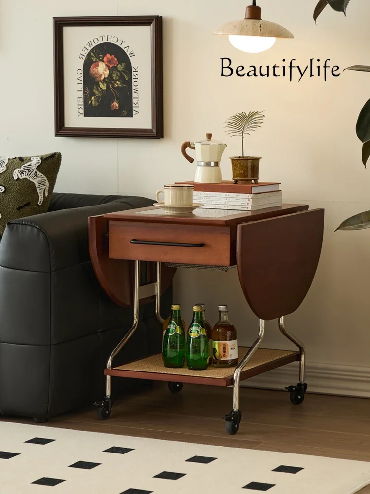 

Solid wood foldable coffee table small unit living room Nordic retro storage cart
