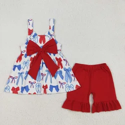 Wholesale Baby Girl July 4th Outfit Toddler Straps Red Blue Bows Tunic Cotton Ruffle Shorts Kids Sleeveless Children Infant Set