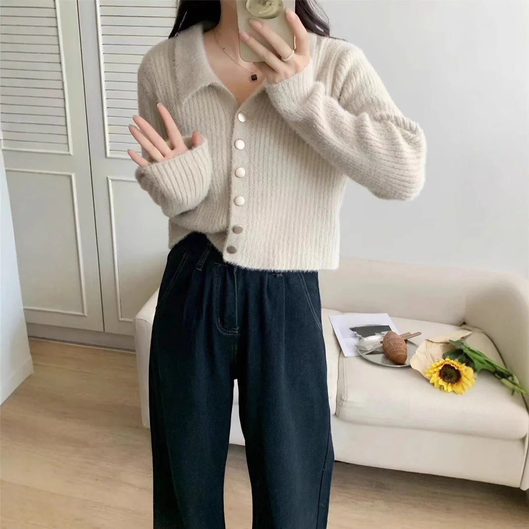 여성용 폴로 칼라 인조 밍크 벨벳 스웨터 재킷 부드러운 왁시 니트 가디건 짧고 루즈한 우아한 가을 겨울 신상품