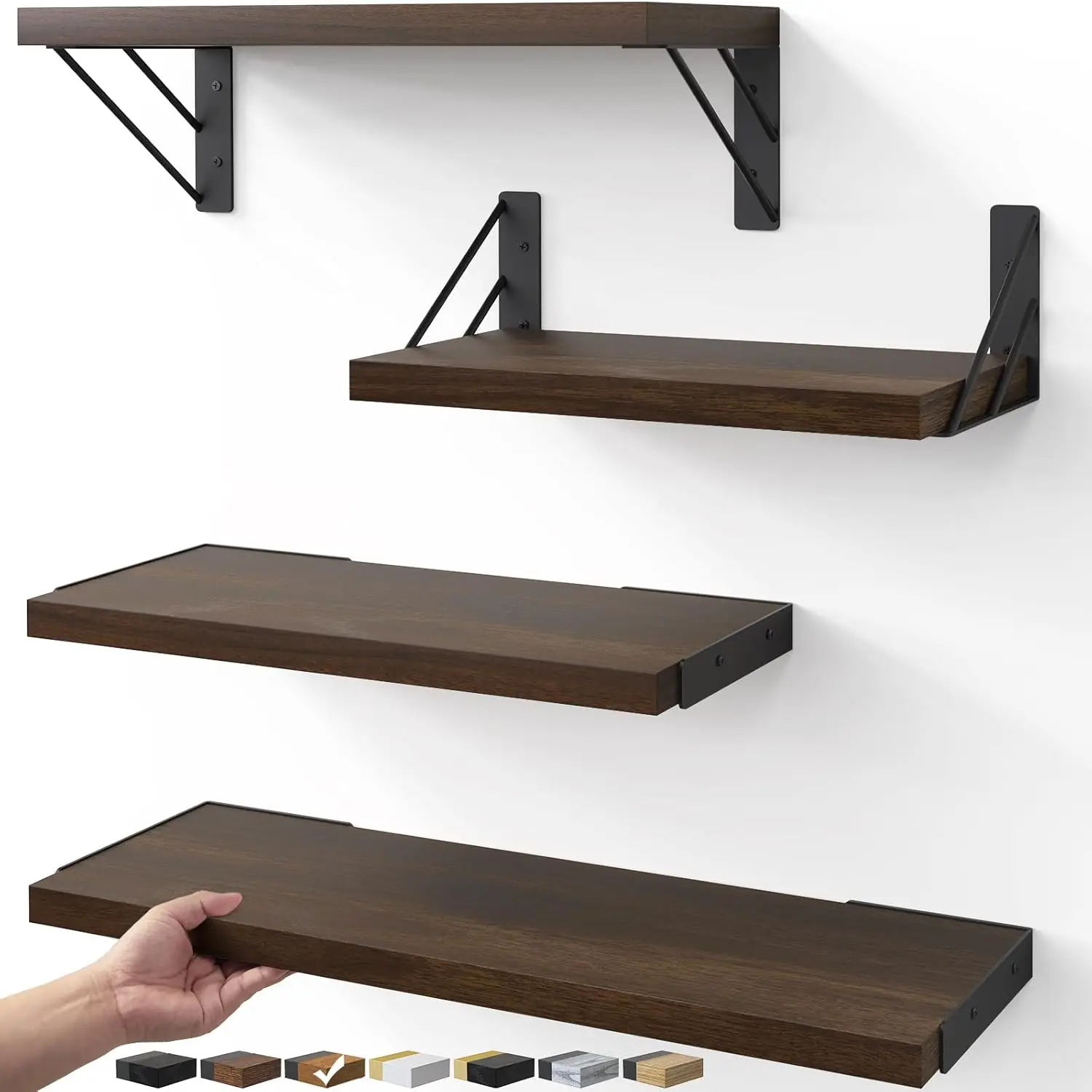 

Floating Wall Shelves Set of 4, Wooden Corner Shelves for Bedroom Living Room Kitchen Bathroom Office - Dark Brown