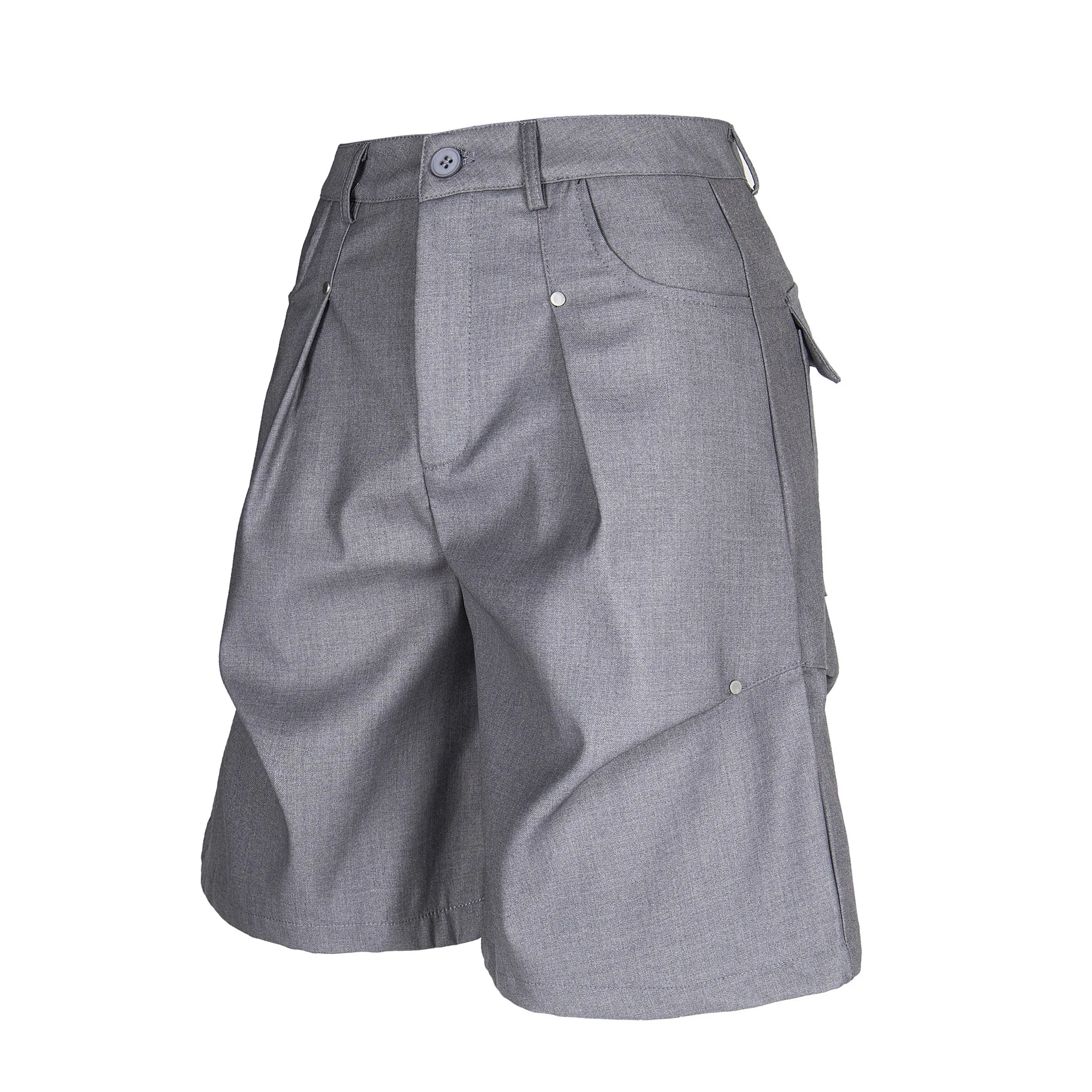 Men's Casual Grey Cargo Shorts Button Waist Pleated Loose Fit Multi Pocket Workwear Shorts for Summer Daily Wear