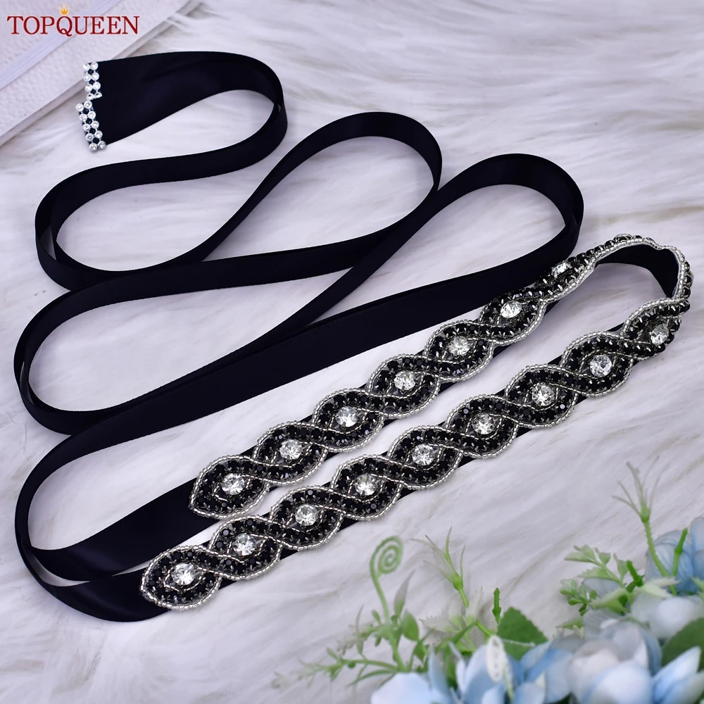 TOPQUEEN Popular Black Stone Evening Dress Gown Belt Full Rhinestone Applique Bridesmaid Belt Wedding Accessories S28-BK