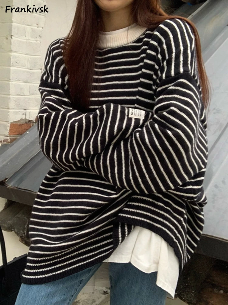 

Striped Sweaters Women Panelled Elegant Knitted All-match Leisure Niche O-neck Trendy Streetwear Students Simple Autumn Stylish