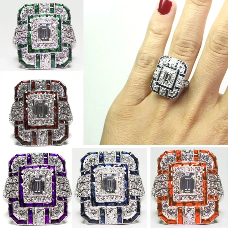 Milangirl 5 Colors Popular Tectangle Geometric Sparkling Zircon Rhinestone Crystal Metal Ring for Women Wedding Party Jewelry