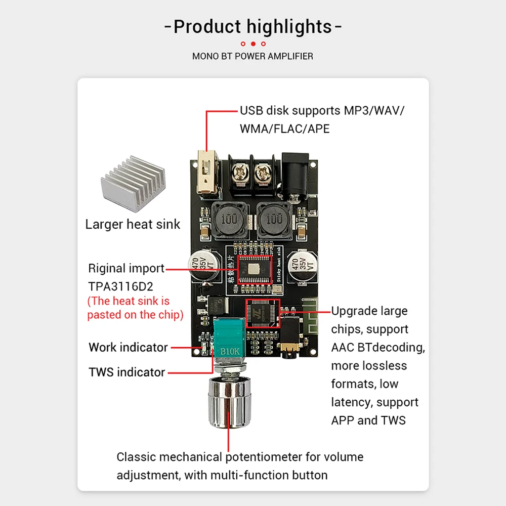 ZK-1001B Mono 100W Bluetooth Audio Amplifier Module with TWS Box Function DC7-24V Amplifier Chip TPA3116