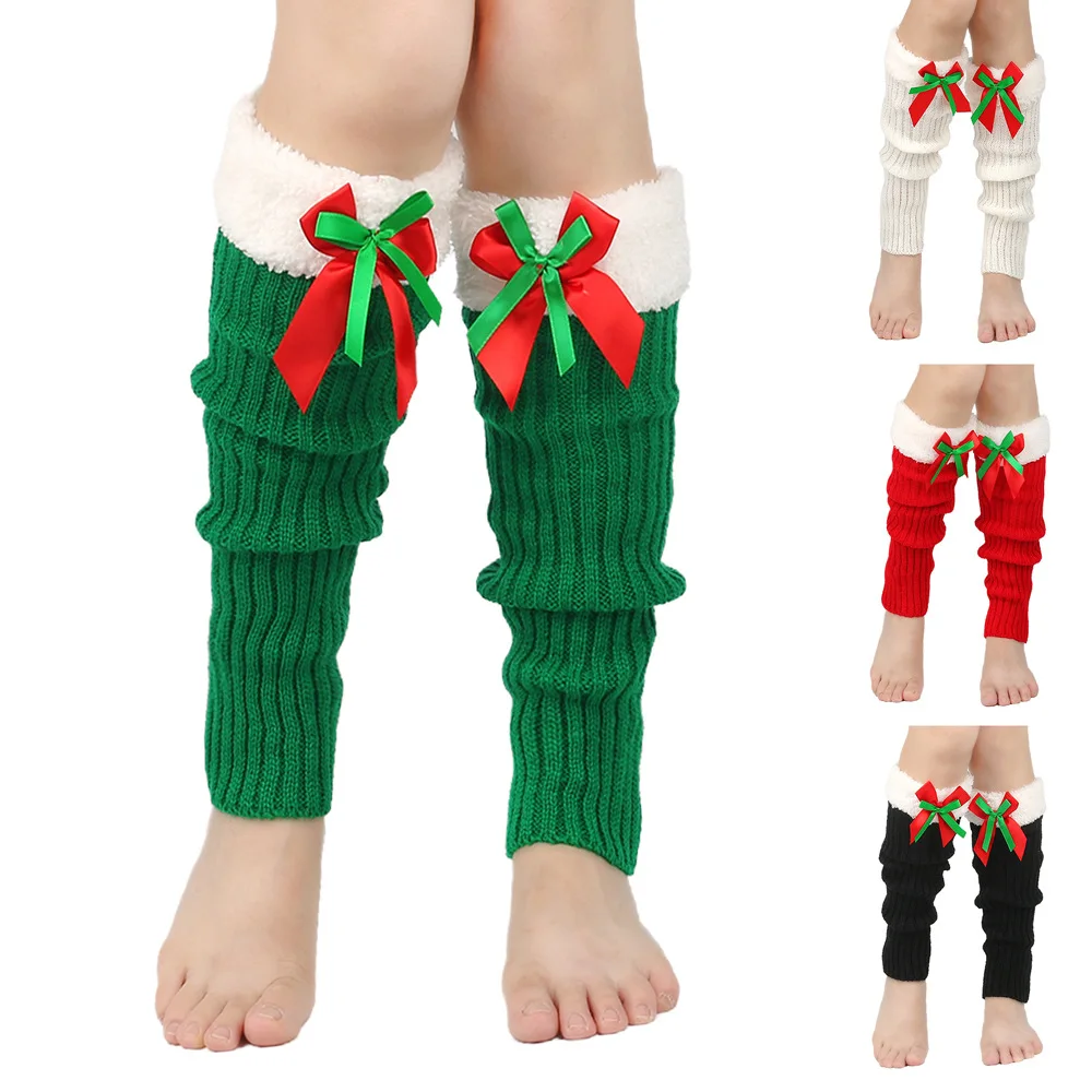 

Рождественские красочные полосатые гетры, гетры с бантом, вязаные рождественские носки с бархатными краями.