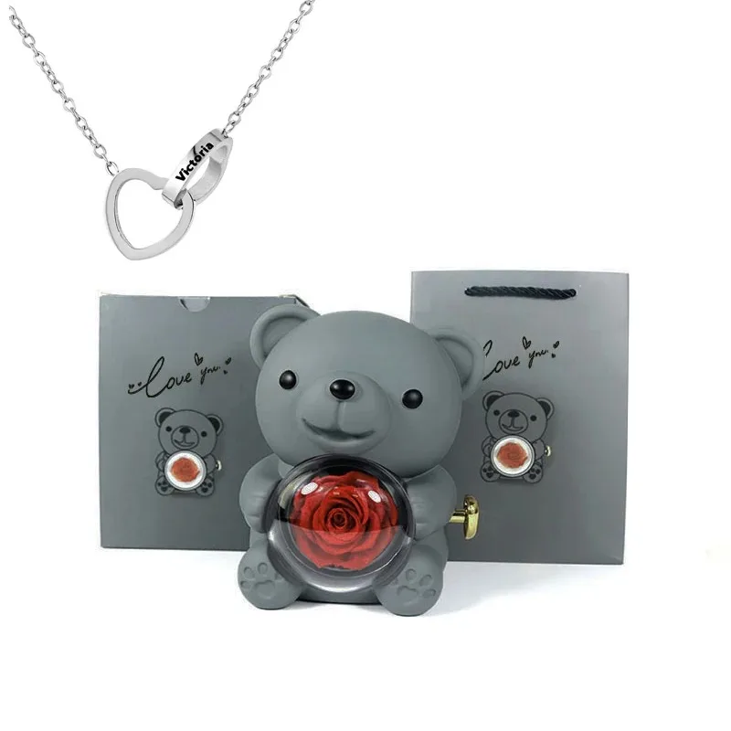 Ewige Rosen-Teddybär-Schmuckschatulle mit individueller Namenskette 10