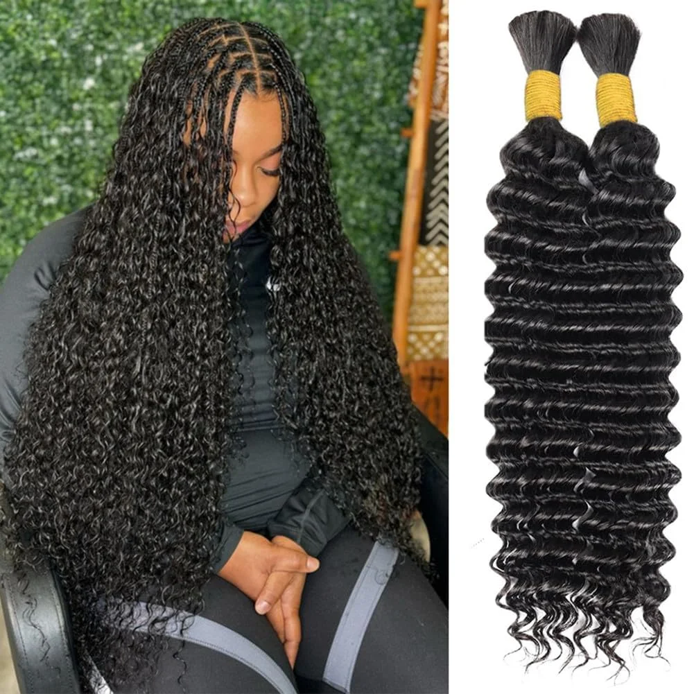 

Smilegirl Deep Wave Human Hair Bulk For Boho Braids Unprocessed Virgin No Weft Braiding Hair 10-30 Inch Natural 1B Black Soft Fluffy Curls Bleachable Tangle Free Real Hair For Micro Bohemian Hairstyle Daily Use