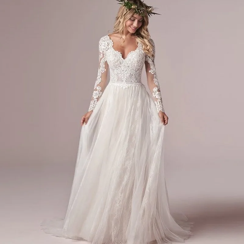 Long Sleeved V-neck Light Wedding Dress Bridal Gown Lace Temperament Sexy Backless Simple Slim Fit Small Tail  Customized