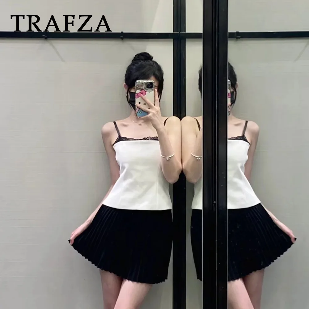 TRAFZA 2024 primavera estate Casual pizzo Patchwork donna Camis moda solido Sexy sottile discoteca senza spalline senza maniche Camis corto
