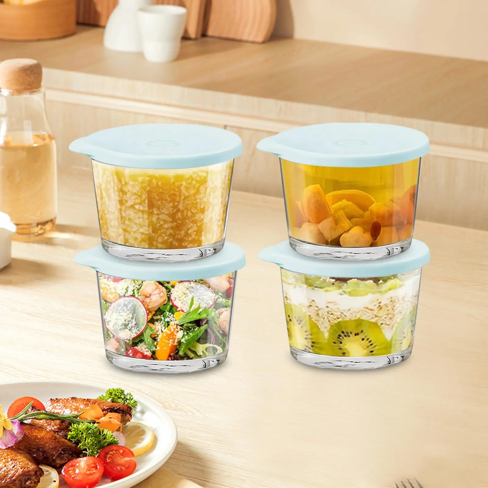 Cuencos de vidrio, 4 piezas, vasos para mezclar alimentos reutilizables apilables, tazones grandes para almacenamiento de ensalada para preparación de comidas, aperitivos, hornear durante la noche