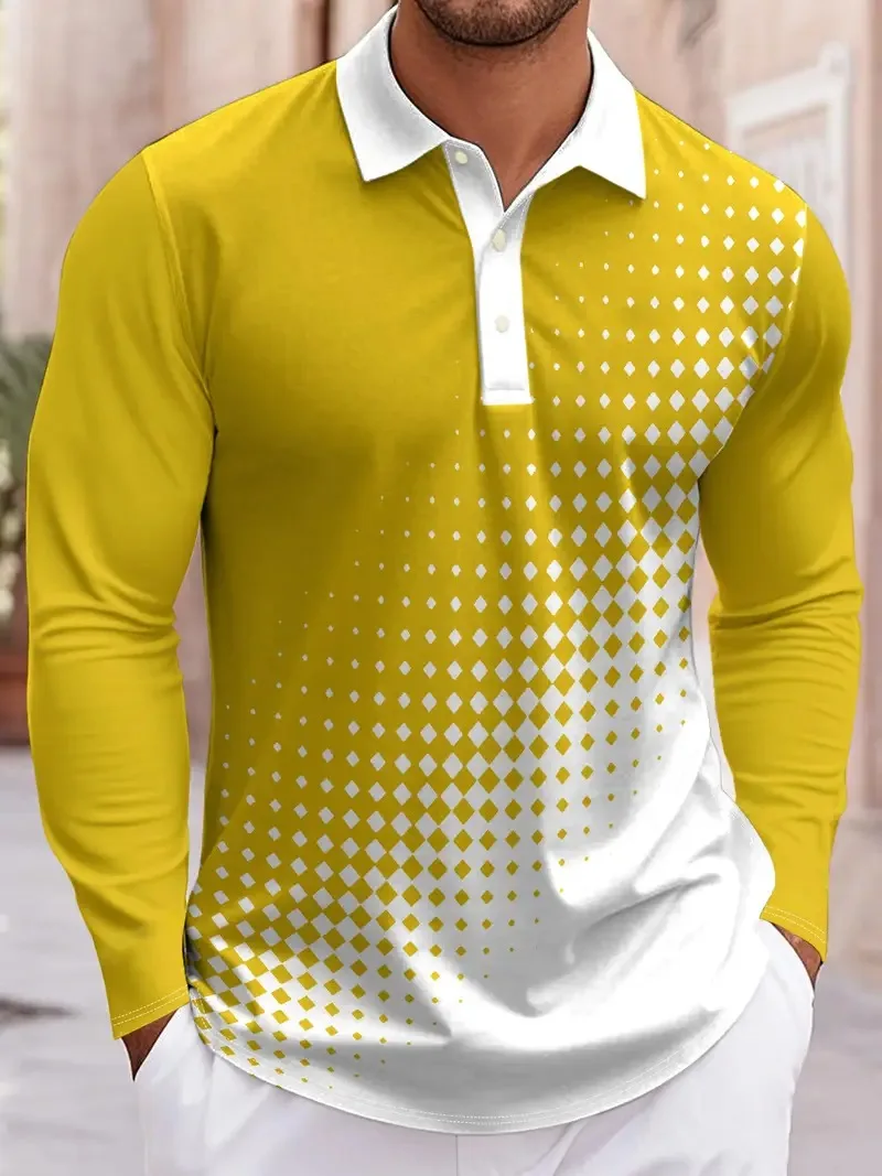 Fashion color blocking geometric pattern men's long sleeved polo shirts spring and autumn golf sports and casual men's clothing