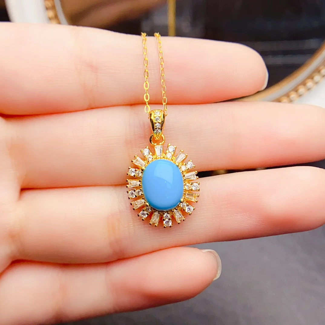 

FS S925 Sterling Silver 8*10mm Natural Blue Turquoise Flower Pendant Necklace for Women Fine Charm Weddings Jewelry MeiBaPJ