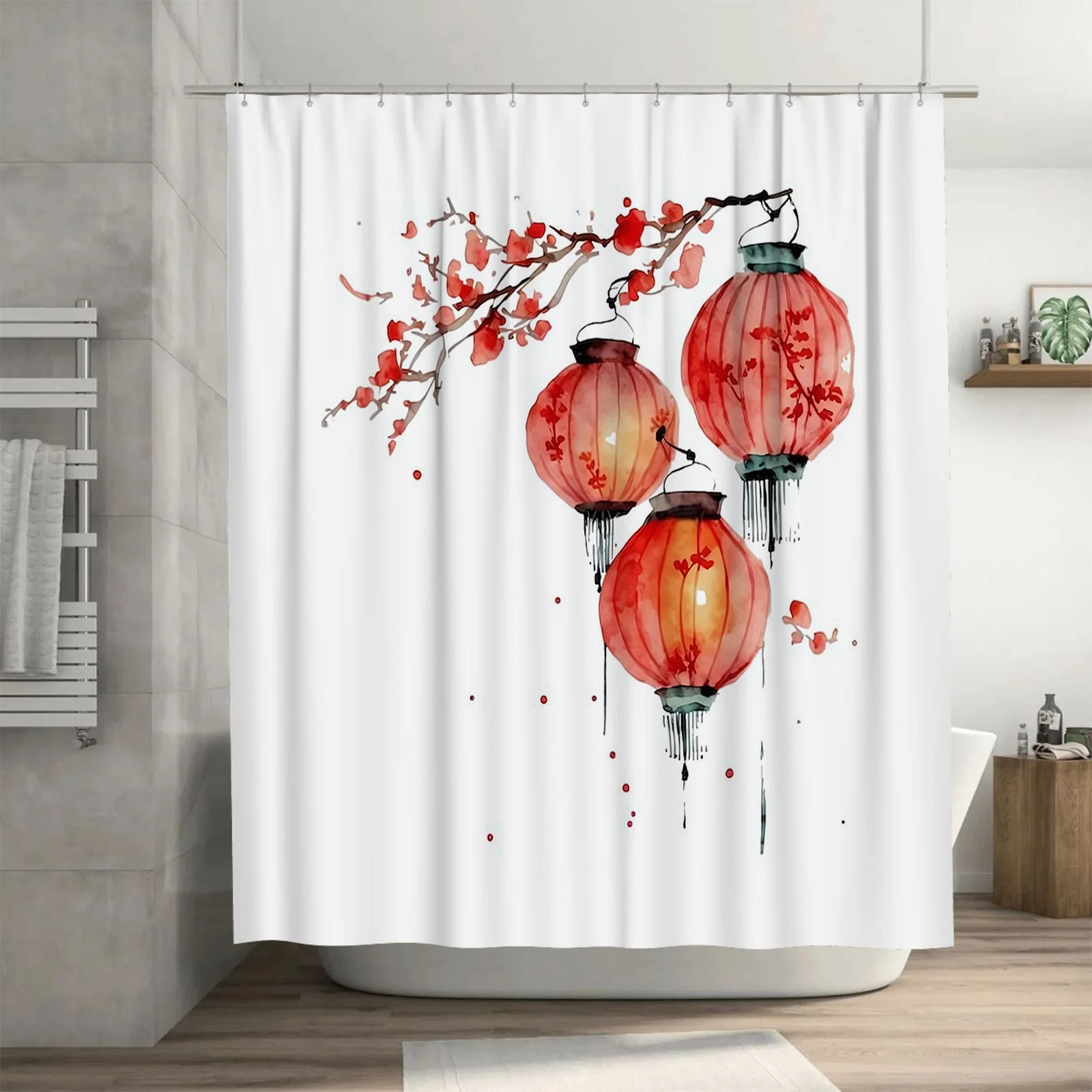 

Занавеска для душа с акварельными фонарями на ощупь восточных очаровательных китайских древних стилей, водонепроницаемая полиэфирная ткань