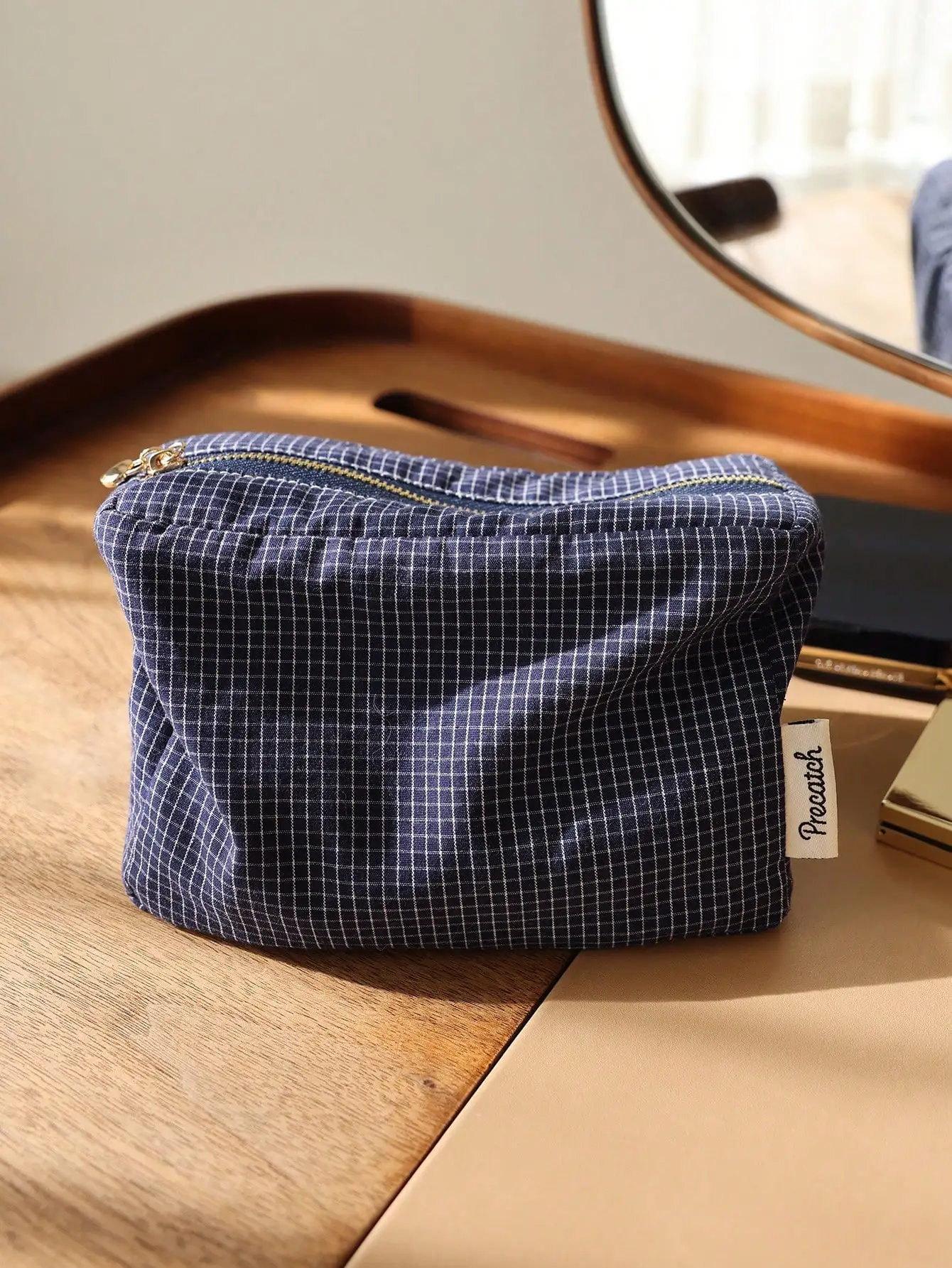 

Japanese Plaid/Striped Makeup Bag: 3D Zipper, Travel/ School Use - Women Gifts